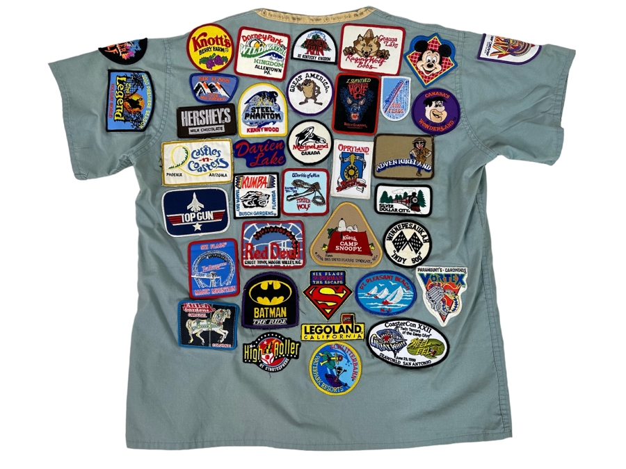Huge Collection Of Vintage Amusement Park / Theme Park Patches Sewn Onto Scrub Shirt - See Photos [Photo 3]