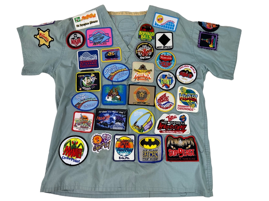 Huge Collection Of Vintage Amusement Park / Theme Park Patches Sewn Onto Scrub Shirt - See Photos [Photo 2]