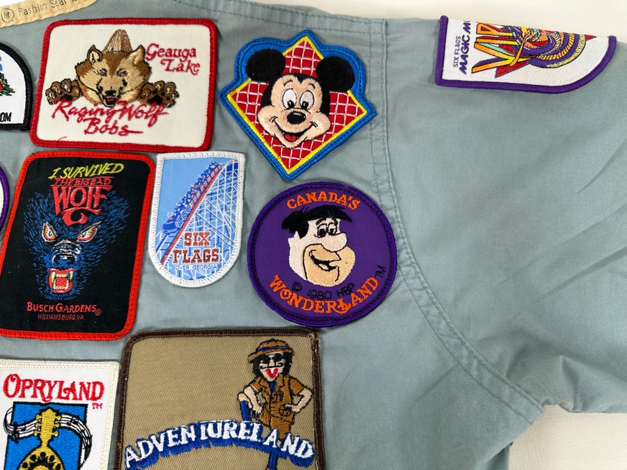 Huge Collection Of Vintage Amusement Park / Theme Park Patches Sewn Onto Scrub Shirt - See Photos [Photo 14]
