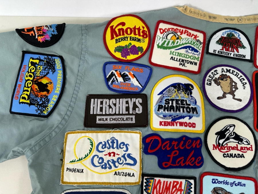 Huge Collection Of Vintage Amusement Park / Theme Park Patches Sewn Onto Scrub Shirt - See Photos [Photo 12]