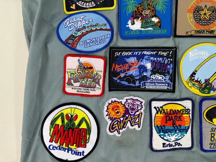 Huge Collection Of Vintage Amusement Park / Theme Park Patches Sewn Onto Scrub Shirt - See Photos [Photo 4]