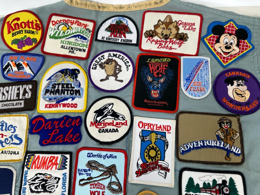 Huge Collection Of Vintage Amusement Park / Theme Park Patches Sewn Onto Scrub Shirt - See Photos [Photo 13]
