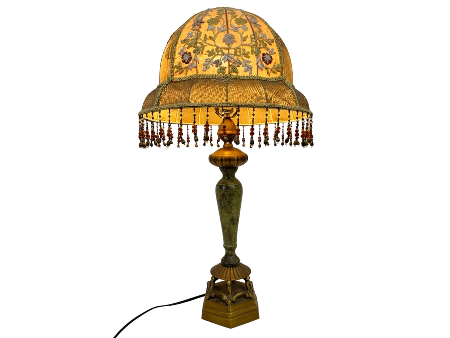 Vintage Metal Table Lamp With Embroidered Shade 29H