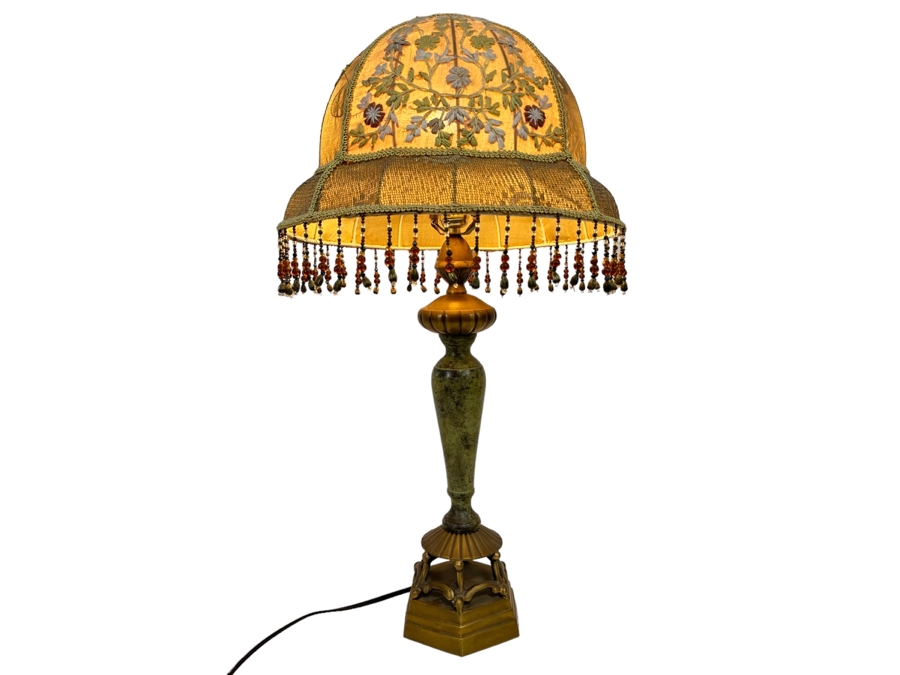 Vintage Metal Table Lamp With Embroidered Shade 29H [Photo 1]