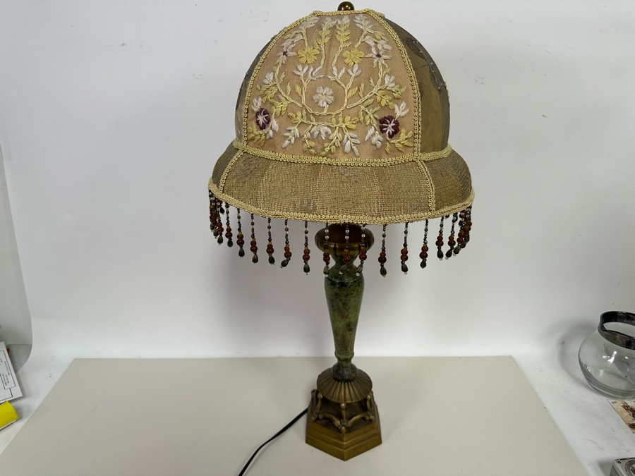 Vintage Metal Table Lamp With Embroidered Shade 29H [Photo 13]