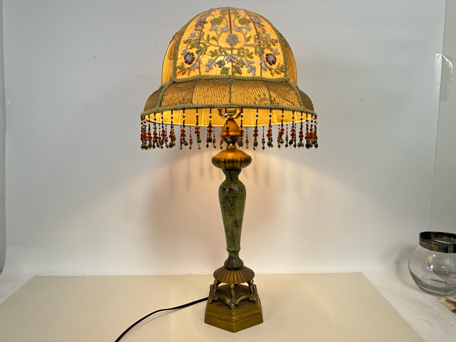 Vintage Metal Table Lamp With Embroidered Shade 29H [Photo 4]