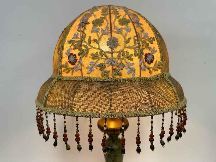 Vintage Metal Table Lamp With Embroidered Shade 29H [Photo 5]