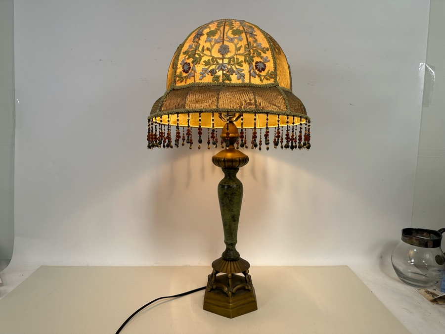 Vintage Metal Table Lamp With Embroidered Shade 29H [Photo 2]