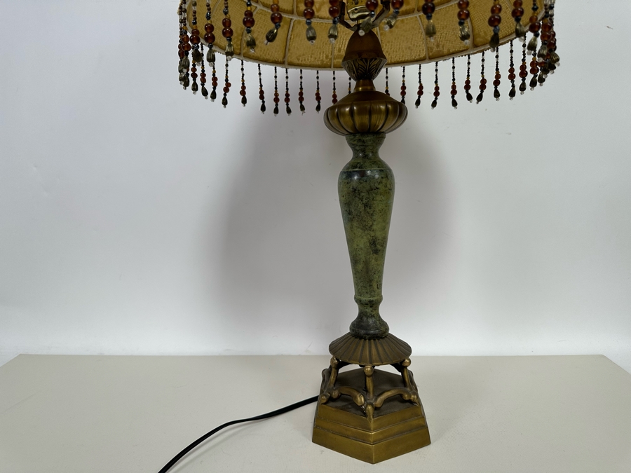 Vintage Metal Table Lamp With Embroidered Shade 29H [Photo 8]