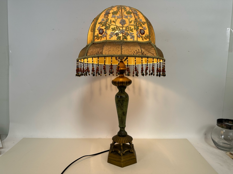 Vintage Metal Table Lamp With Embroidered Shade 29H [Photo 3]