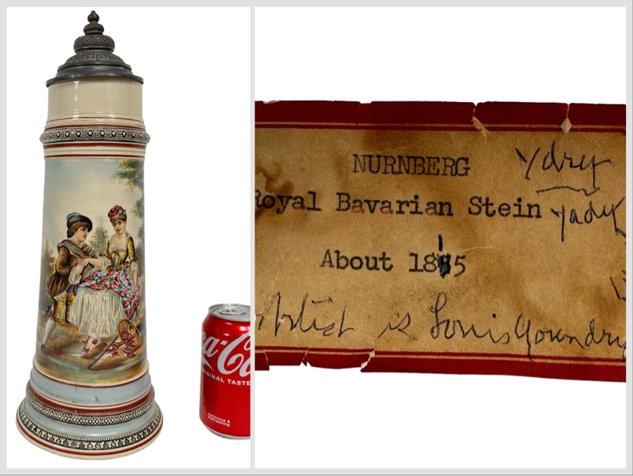 Impressive Tall Hand Painted Antique 1815 Royal Bavarian Beer Stein Nurnberg 16H [Photo 1]