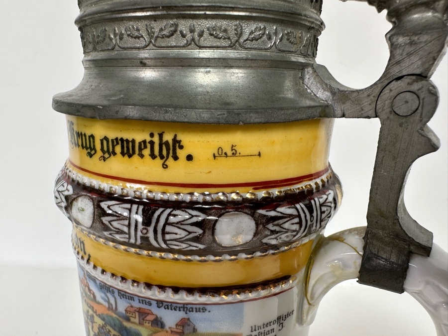 Antique 1910-1912 Regimental Beer Stein Of The Imperial German Army Infantry With Lithophane Bottom 11H - See Photos Handle Has Been Repaired [Photo 31]