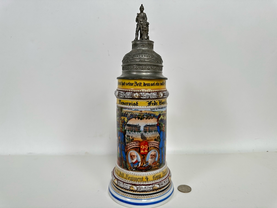 Antique 1910-1912 Regimental Beer Stein Of The Imperial German Army Infantry With Lithophane Bottom 11H - See Photos Handle Has Been Repaired [Photo 3]