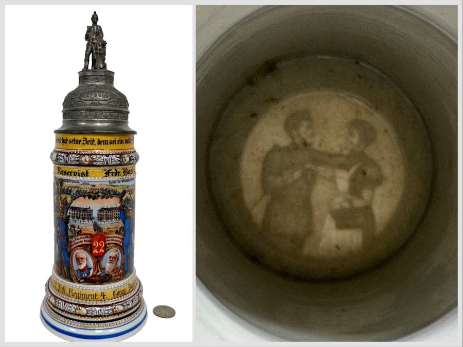 Antique 1910-1912 Regimental Beer Stein Of The Imperial German Army Infantry With Lithophane Bottom 11H - See Photos Handle Has Been Repaired [Photo 1]