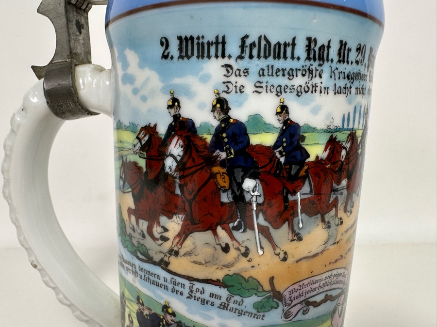 Antique 1905-1907 Regimental Beer Stein Of The Imperial German Army With Lithophane Bottom And Unusual Rotating Lid Kaiser Wilhelm II 9.5H - See Photos Bottom Of Lithophane Is Cracked [Photo 8]