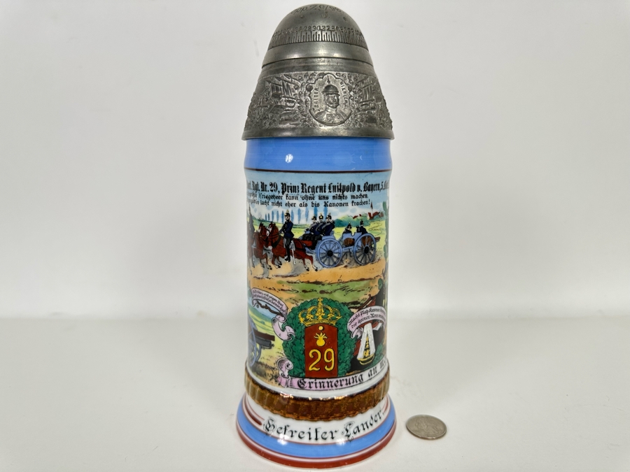 Antique 1905-1907 Regimental Beer Stein Of The Imperial German Army With Lithophane Bottom And Unusual Rotating Lid Kaiser Wilhelm II 9.5H - See Photos Bottom Of Lithophane Is Cracked [Photo 3]