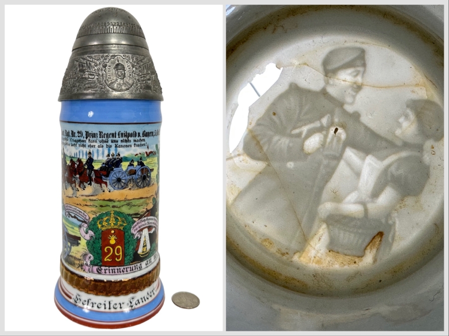 Antique 1905-1907 Regimental Beer Stein Of The Imperial German Army With Lithophane Bottom And Unusual Rotating Lid Kaiser Wilhelm II 9.5H - See Photos Bottom Of Lithophane Is Cracked [Photo 1]