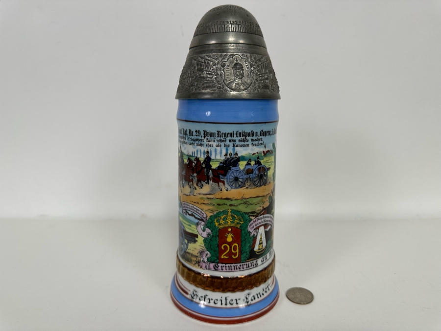 Antique 1905-1907 Regimental Beer Stein Of The Imperial German Army With Lithophane Bottom And Unusual Rotating Lid Kaiser Wilhelm II 9.5H - See Photos Bottom Of Lithophane Is Cracked [Photo 4]