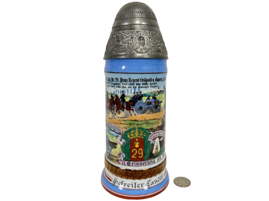 Antique 1905-1907 Regimental Beer Stein Of The Imperial German Army With Lithophane Bottom And Unusual Rotating Lid Kaiser Wilhelm II 9.5H - See Photos Bottom Of Lithophane Is Cracked [Photo 2]