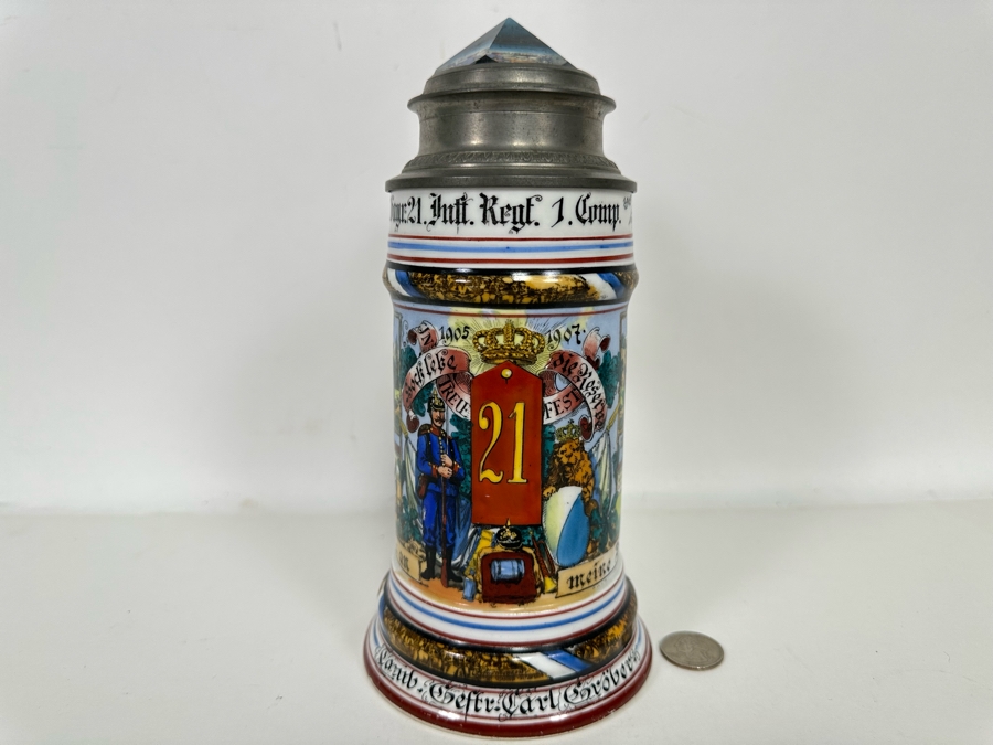 Antique 1905-1907 Regimental Beer Stein Of The Imperial German Army With Lithophane Bottom And Unusual Prism Scene Finial Top 9.5H - See Photos Bottom Of Lithophane Is Cracked [Photo 3]