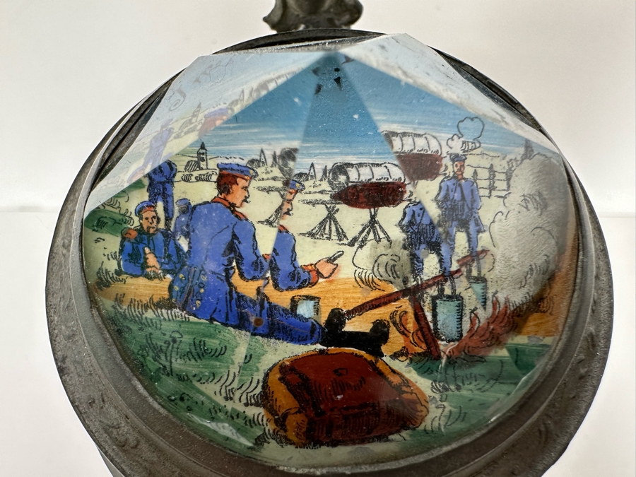 Antique 1905-1907 Regimental Beer Stein Of The Imperial German Army With Lithophane Bottom And Unusual Prism Scene Finial Top 9.5H - See Photos Bottom Of Lithophane Is Cracked [Photo 7]