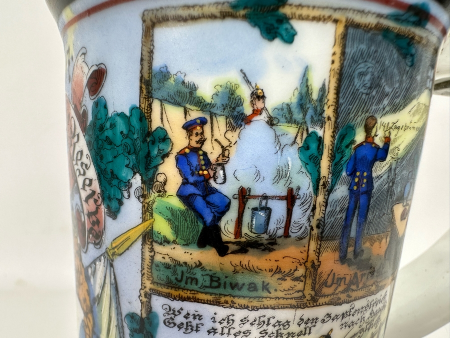 Antique 1905-1907 Regimental Beer Stein Of The Imperial German Army With Lithophane Bottom And Unusual Prism Scene Finial Top 9.5H - See Photos Bottom Of Lithophane Is Cracked [Photo 22]