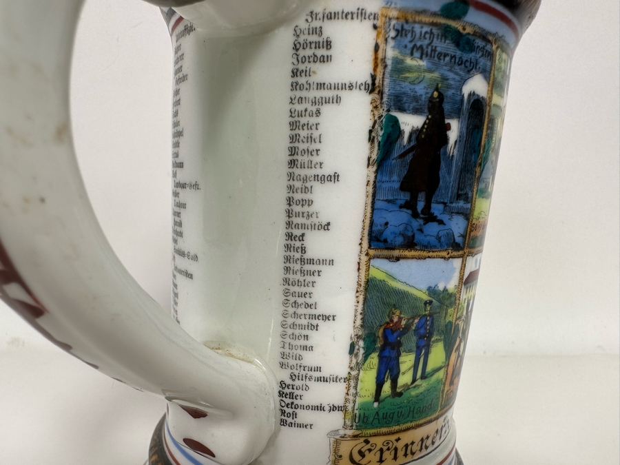 Antique 1905-1907 Regimental Beer Stein Of The Imperial German Army With Lithophane Bottom And Unusual Prism Scene Finial Top 9.5H - See Photos Bottom Of Lithophane Is Cracked [Photo 19]