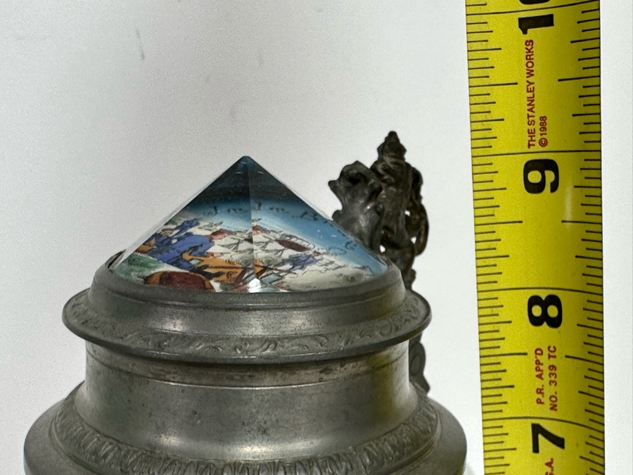 Antique 1905-1907 Regimental Beer Stein Of The Imperial German Army With Lithophane Bottom And Unusual Prism Scene Finial Top 9.5H - See Photos Bottom Of Lithophane Is Cracked [Photo 45]