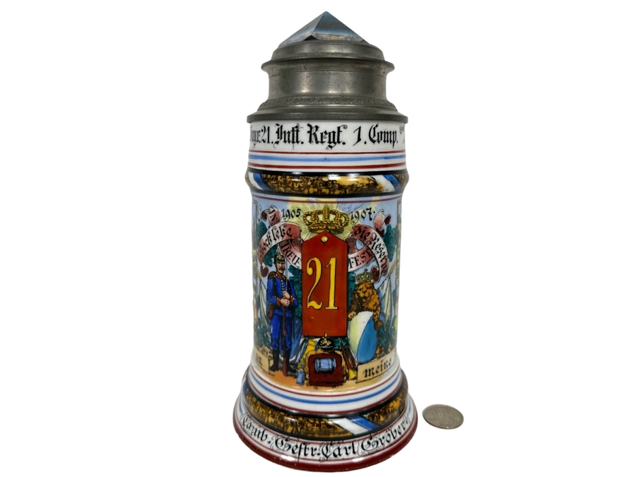 Antique 1905-1907 Regimental Beer Stein Of The Imperial German Army With Lithophane Bottom And Unusual Prism Scene Finial Top 9.5H - See Photos Bottom Of Lithophane Is Cracked [Photo 2]