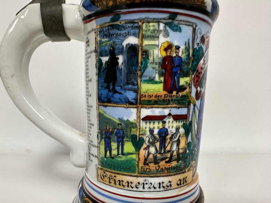 Antique 1905-1907 Regimental Beer Stein Of The Imperial German Army With Lithophane Bottom And Unusual Prism Scene Finial Top 9.5H - See Photos Bottom Of Lithophane Is Cracked [Photo 14]