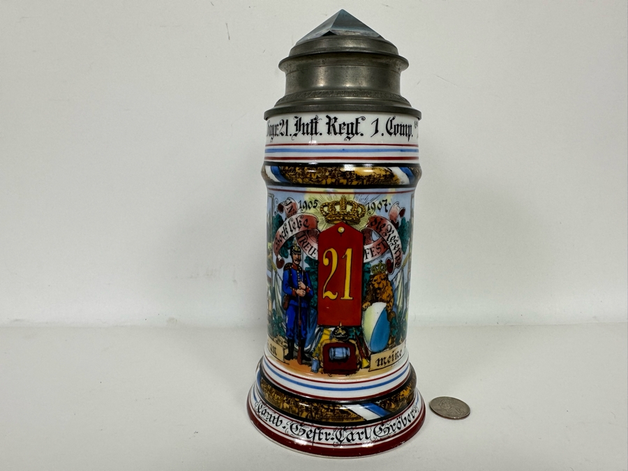 Antique 1905-1907 Regimental Beer Stein Of The Imperial German Army With Lithophane Bottom And Unusual Prism Scene Finial Top 9.5H - See Photos Bottom Of Lithophane Is Cracked [Photo 4]