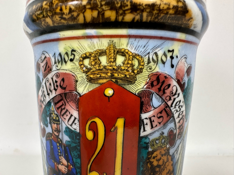 Antique 1905-1907 Regimental Beer Stein Of The Imperial German Army With Lithophane Bottom And Unusual Prism Scene Finial Top 9.5H - See Photos Bottom Of Lithophane Is Cracked [Photo 11]