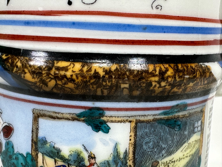 Antique 1905-1907 Regimental Beer Stein Of The Imperial German Army With Lithophane Bottom And Unusual Prism Scene Finial Top 9.5H - See Photos Bottom Of Lithophane Is Cracked [Photo 43]