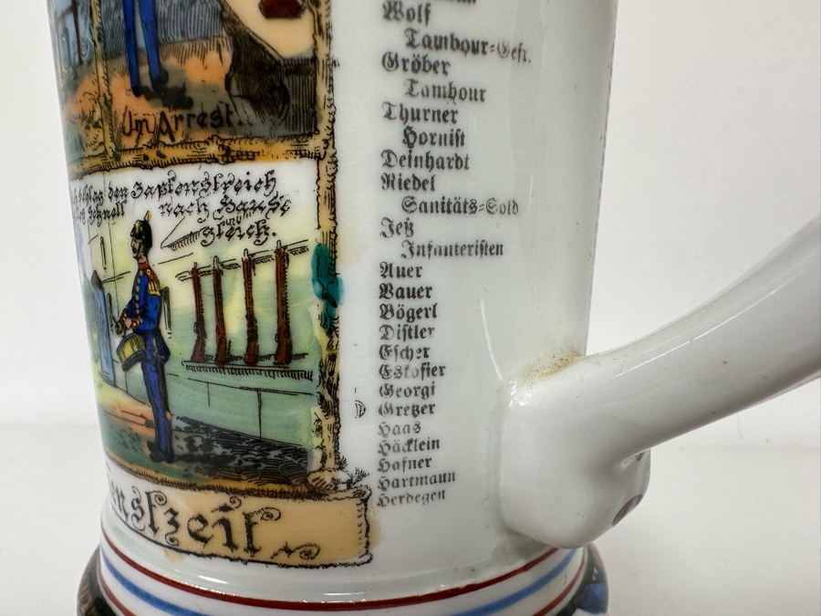 Antique 1905-1907 Regimental Beer Stein Of The Imperial German Army With Lithophane Bottom And Unusual Prism Scene Finial Top 9.5H - See Photos Bottom Of Lithophane Is Cracked [Photo 27]