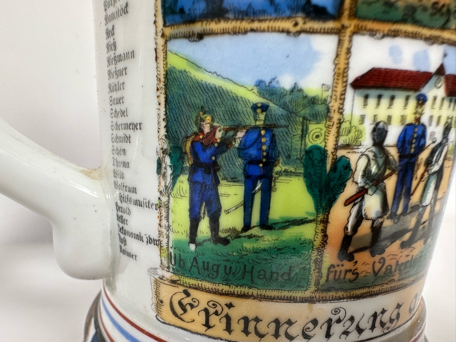 Antique 1905-1907 Regimental Beer Stein Of The Imperial German Army With Lithophane Bottom And Unusual Prism Scene Finial Top 9.5H - See Photos Bottom Of Lithophane Is Cracked [Photo 17]