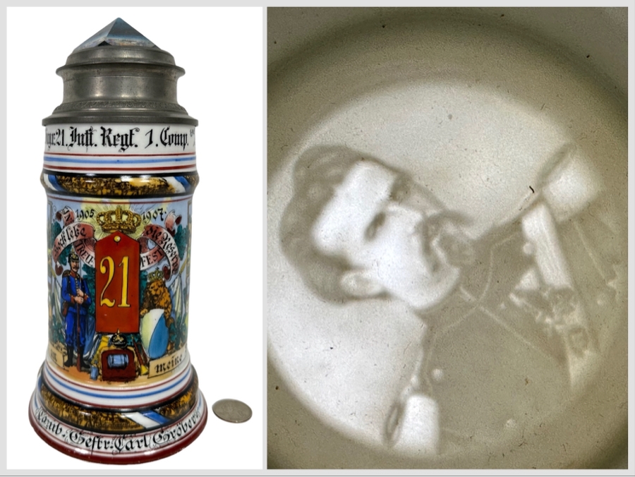 Antique 1905-1907 Regimental Beer Stein Of The Imperial German Army With Lithophane Bottom And Unusual Prism Scene Finial Top 9.5H - See Photos Bottom Of Lithophane Is Cracked [Photo 1]