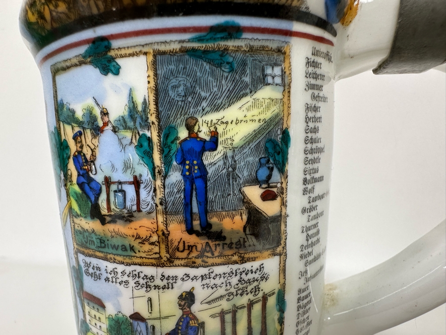 Antique 1905-1907 Regimental Beer Stein Of The Imperial German Army With Lithophane Bottom And Unusual Prism Scene Finial Top 9.5H - See Photos Bottom Of Lithophane Is Cracked [Photo 23]