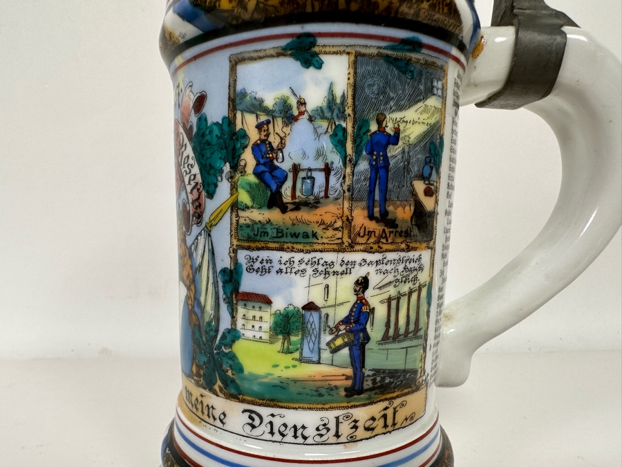 Antique 1905-1907 Regimental Beer Stein Of The Imperial German Army With Lithophane Bottom And Unusual Prism Scene Finial Top 9.5H - See Photos Bottom Of Lithophane Is Cracked [Photo 21]