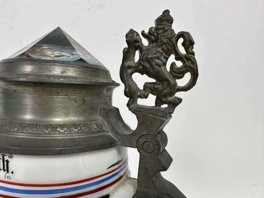 Antique 1905-1907 Regimental Beer Stein Of The Imperial German Army With Lithophane Bottom And Unusual Prism Scene Finial Top 9.5H - See Photos Bottom Of Lithophane Is Cracked [Photo 28]
