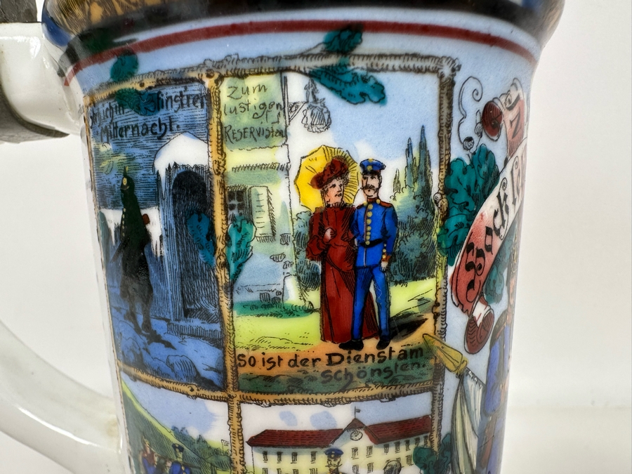 Antique 1905-1907 Regimental Beer Stein Of The Imperial German Army With Lithophane Bottom And Unusual Prism Scene Finial Top 9.5H - See Photos Bottom Of Lithophane Is Cracked [Photo 16]