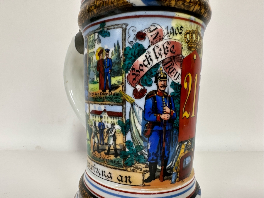 Antique 1905-1907 Regimental Beer Stein Of The Imperial German Army With Lithophane Bottom And Unusual Prism Scene Finial Top 9.5H - See Photos Bottom Of Lithophane Is Cracked [Photo 13]