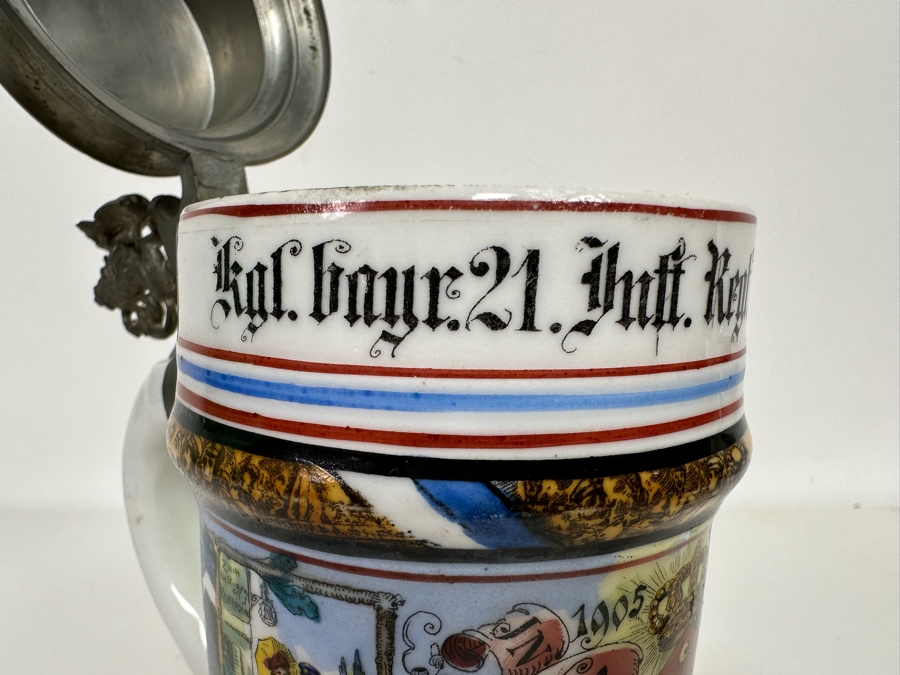 Antique 1905-1907 Regimental Beer Stein Of The Imperial German Army With Lithophane Bottom And Unusual Prism Scene Finial Top 9.5H - See Photos Bottom Of Lithophane Is Cracked [Photo 34]