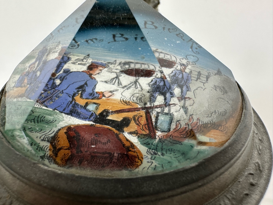 Antique 1905-1907 Regimental Beer Stein Of The Imperial German Army With Lithophane Bottom And Unusual Prism Scene Finial Top 9.5H - See Photos Bottom Of Lithophane Is Cracked [Photo 8]