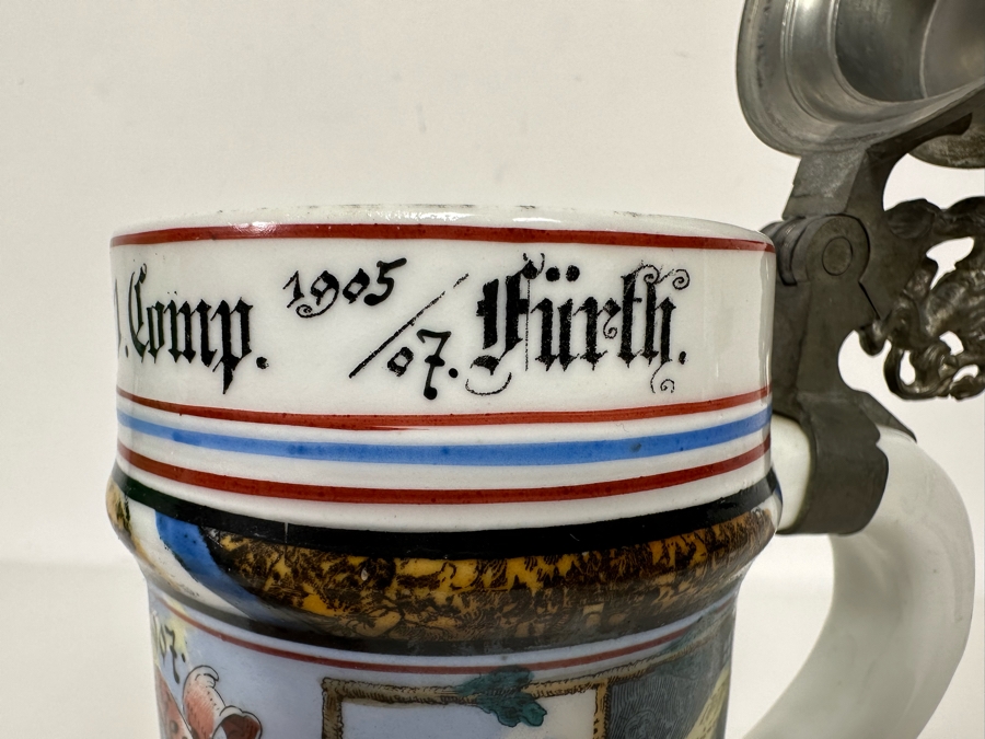 Antique 1905-1907 Regimental Beer Stein Of The Imperial German Army With Lithophane Bottom And Unusual Prism Scene Finial Top 9.5H - See Photos Bottom Of Lithophane Is Cracked [Photo 36]