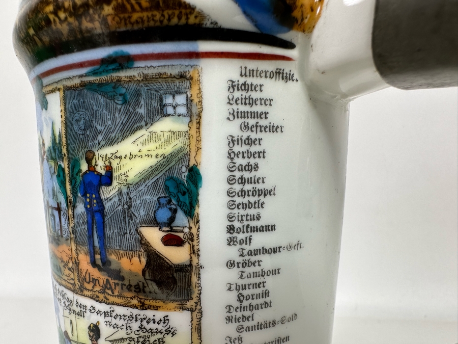 Antique 1905-1907 Regimental Beer Stein Of The Imperial German Army With Lithophane Bottom And Unusual Prism Scene Finial Top 9.5H - See Photos Bottom Of Lithophane Is Cracked [Photo 26]