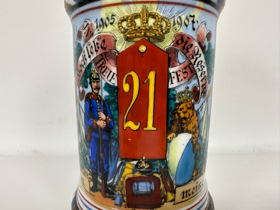 Antique 1905-1907 Regimental Beer Stein Of The Imperial German Army With Lithophane Bottom And Unusual Prism Scene Finial Top 9.5H - See Photos Bottom Of Lithophane Is Cracked [Photo 5]