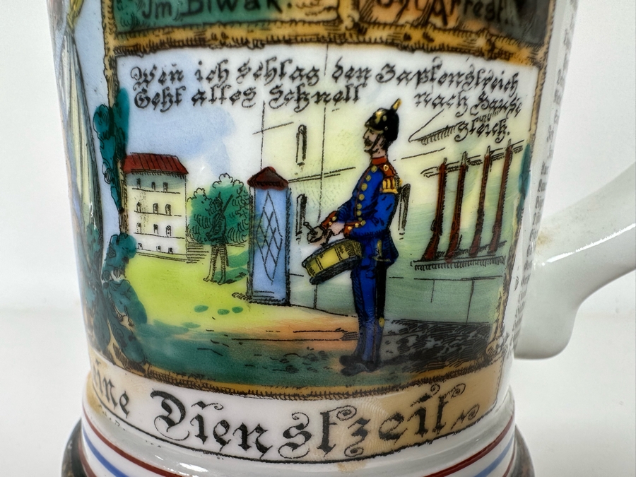 Antique 1905-1907 Regimental Beer Stein Of The Imperial German Army With Lithophane Bottom And Unusual Prism Scene Finial Top 9.5H - See Photos Bottom Of Lithophane Is Cracked [Photo 25]
