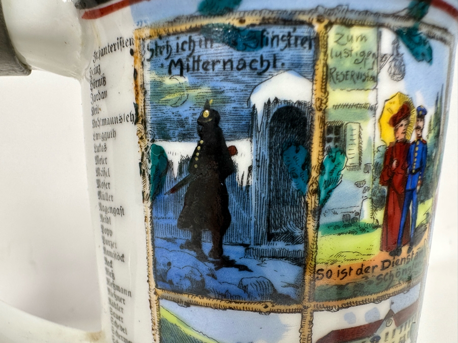 Antique 1905-1907 Regimental Beer Stein Of The Imperial German Army With Lithophane Bottom And Unusual Prism Scene Finial Top 9.5H - See Photos Bottom Of Lithophane Is Cracked [Photo 15]