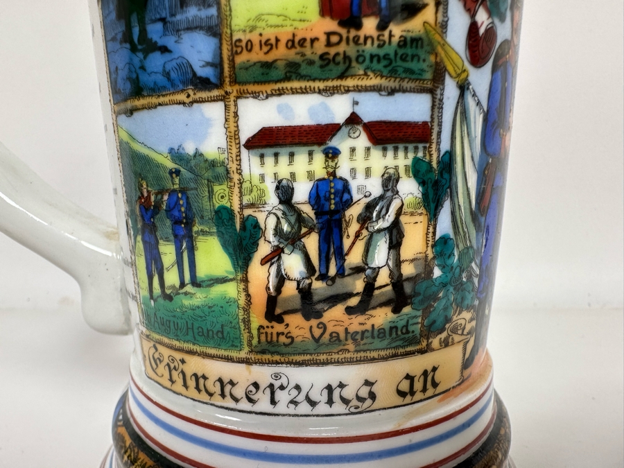 Antique 1905-1907 Regimental Beer Stein Of The Imperial German Army With Lithophane Bottom And Unusual Prism Scene Finial Top 9.5H - See Photos Bottom Of Lithophane Is Cracked [Photo 18]
