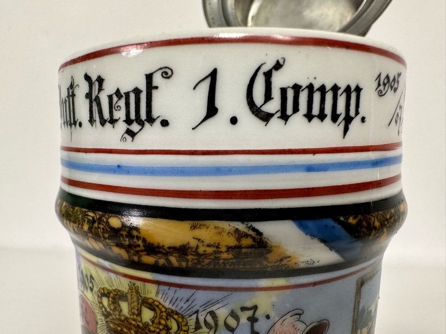 Antique 1905-1907 Regimental Beer Stein Of The Imperial German Army With Lithophane Bottom And Unusual Prism Scene Finial Top 9.5H - See Photos Bottom Of Lithophane Is Cracked [Photo 35]